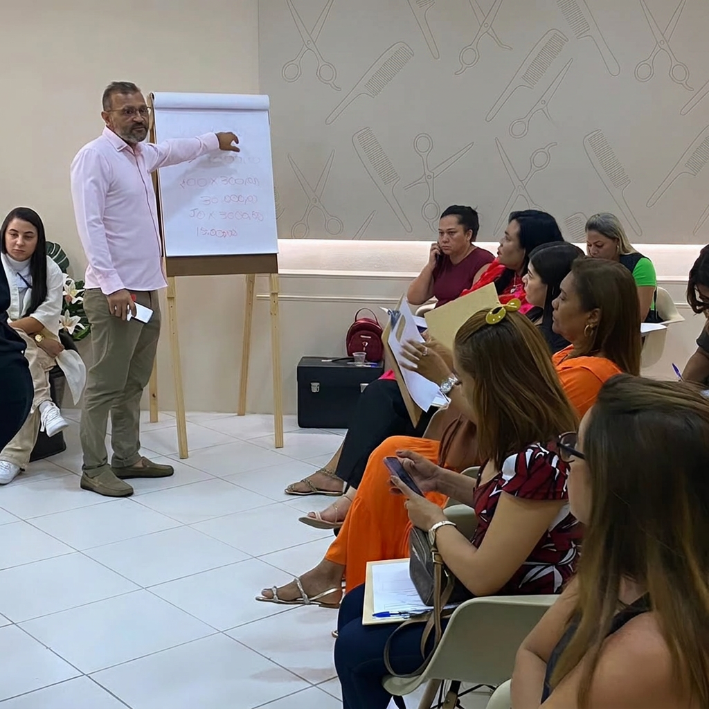 Aula presencial com flip chart mostrando cálculo de faturamento para donos de salão