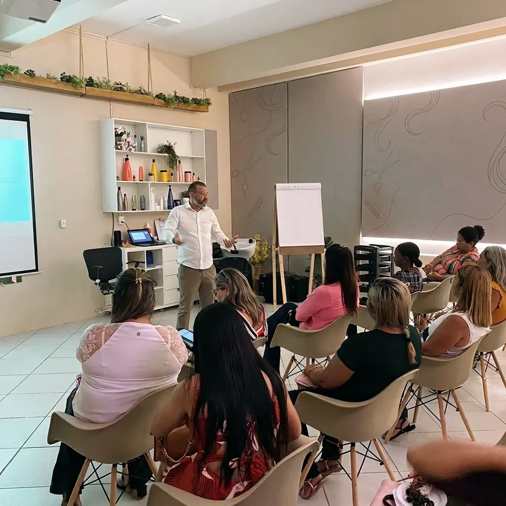 Treinamento presencial com equipe de salão de beleza durante o Café com Aneethun
