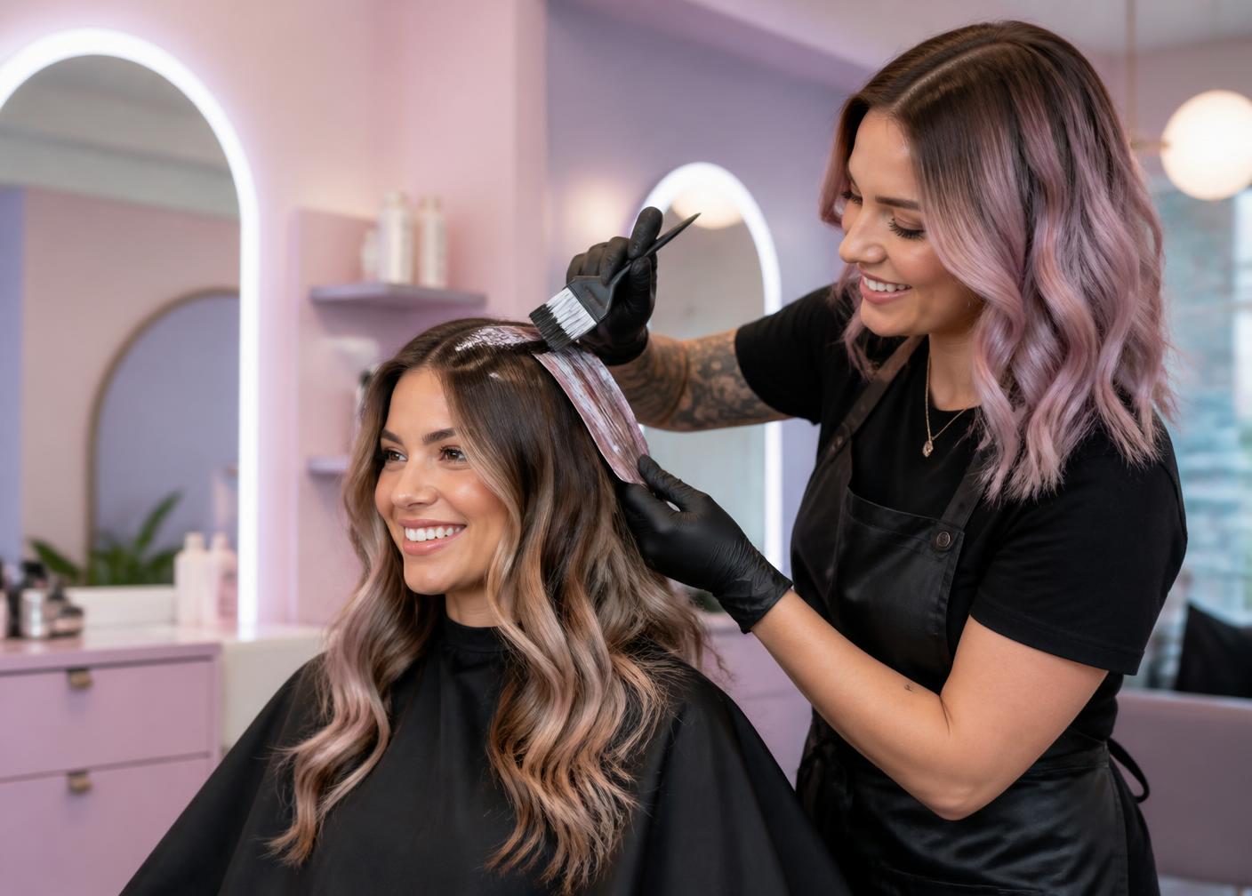 Cabeleireira aplicando coloração em cliente feliz