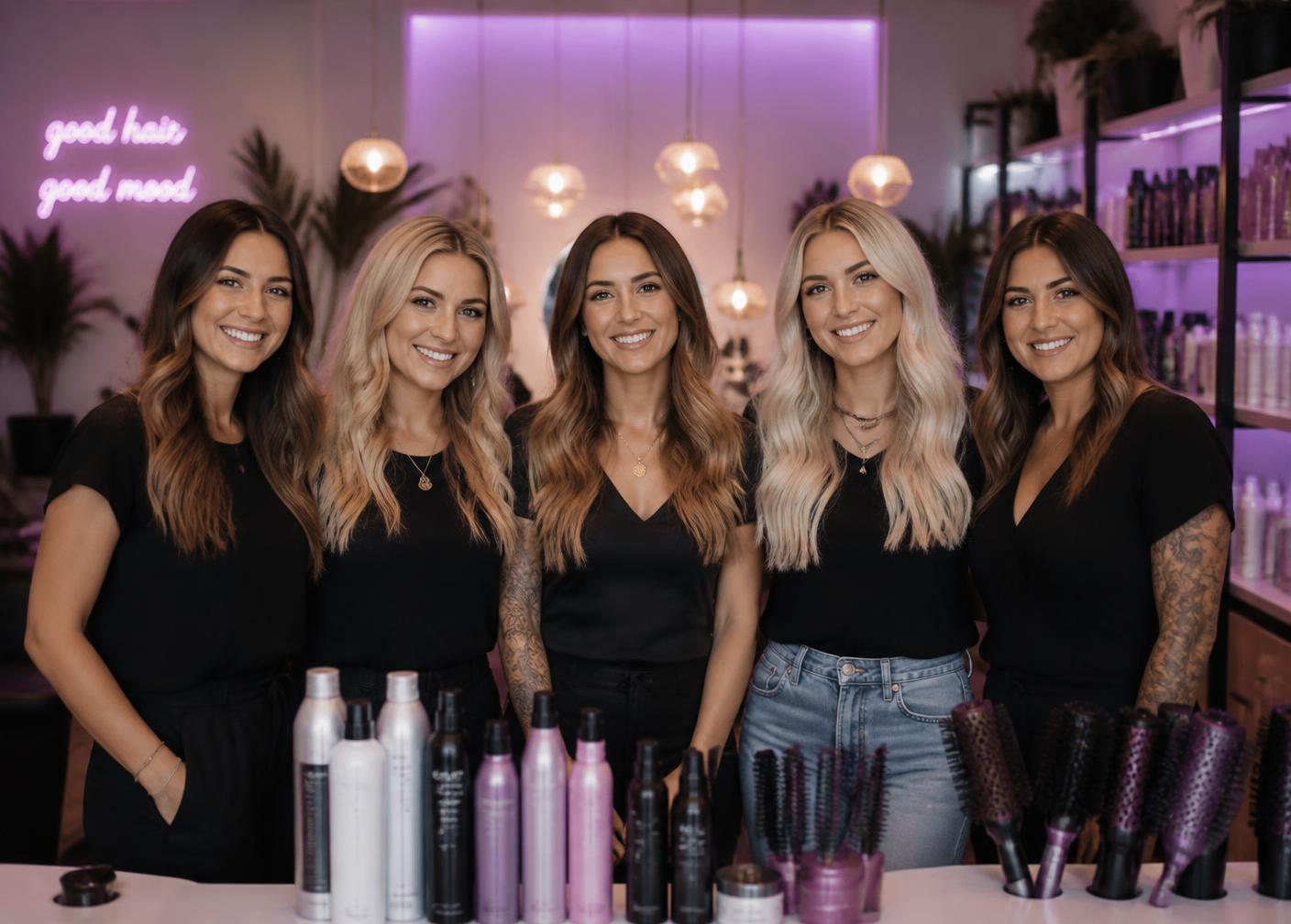 Equipe de cabeleireiras sorrindo em salão de beleza moderno