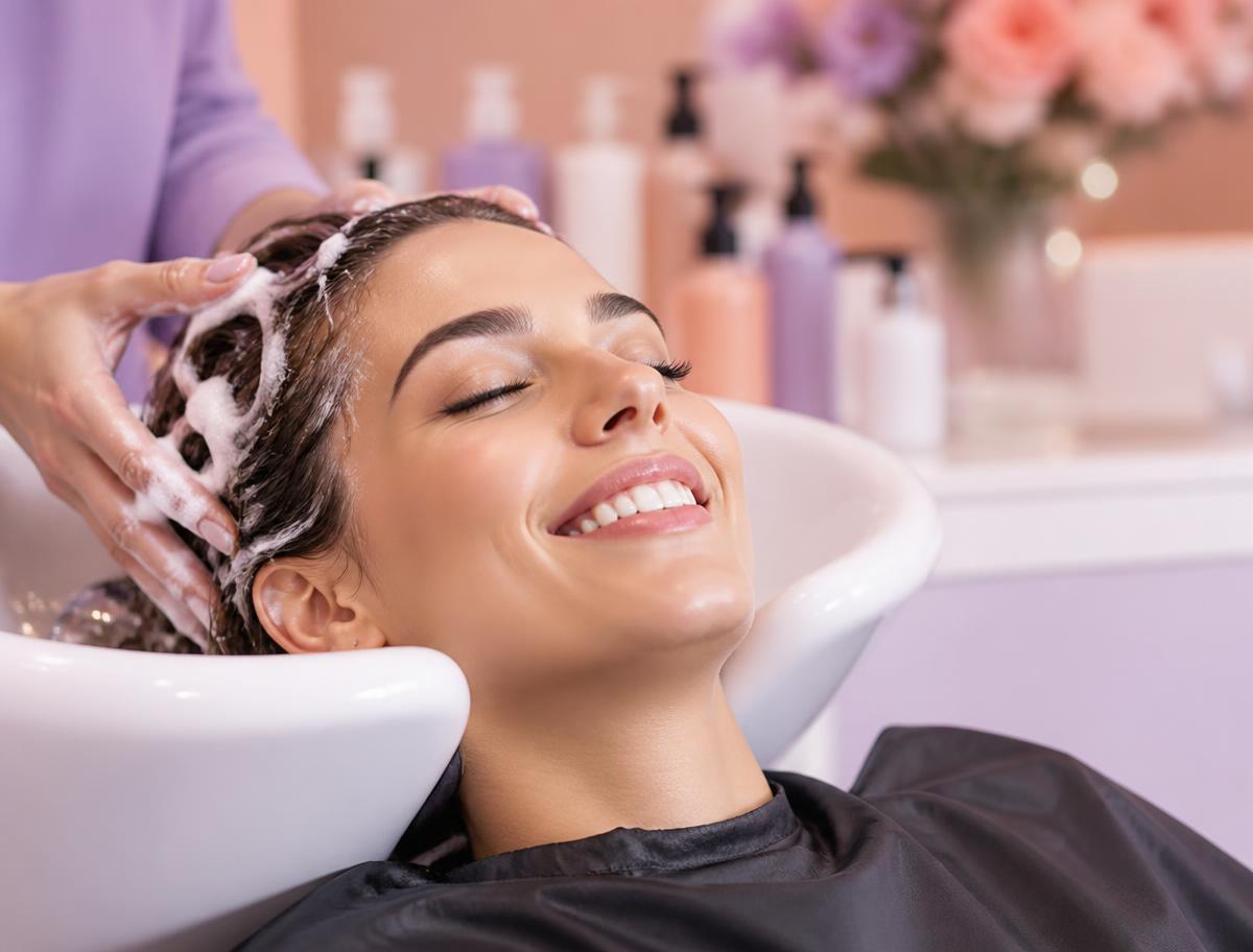 Cliente satisfeita no lavatório de um salão de beleza moderno